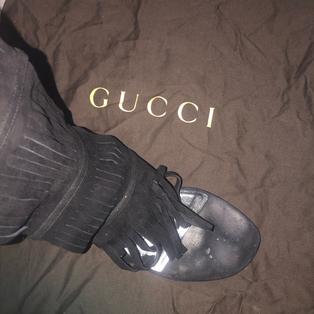 Gucci Becky Tall Fringe Black Gladiator Sandals 38 - Picture 3 of 7